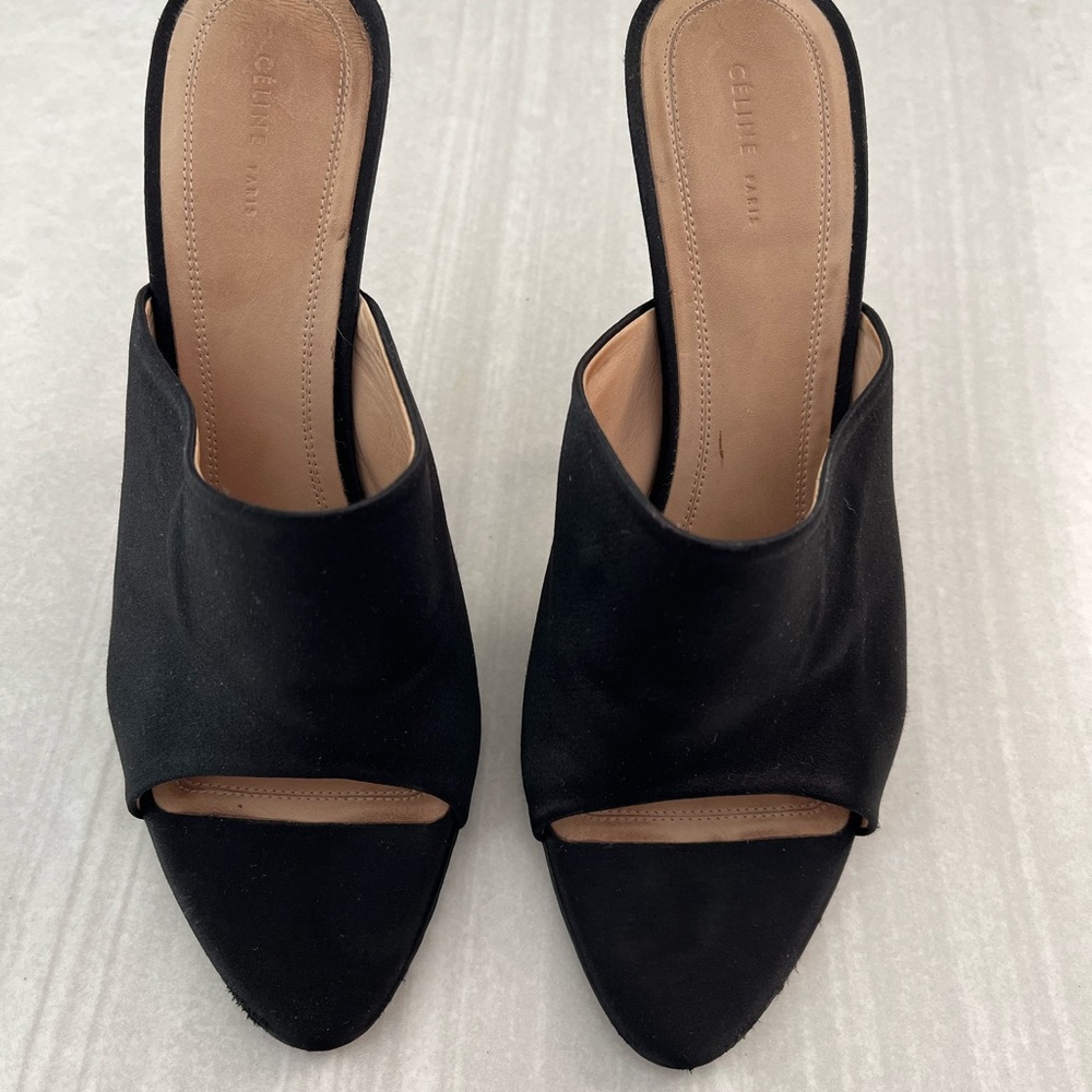 Céline Silk and Leather Open Toe Heels